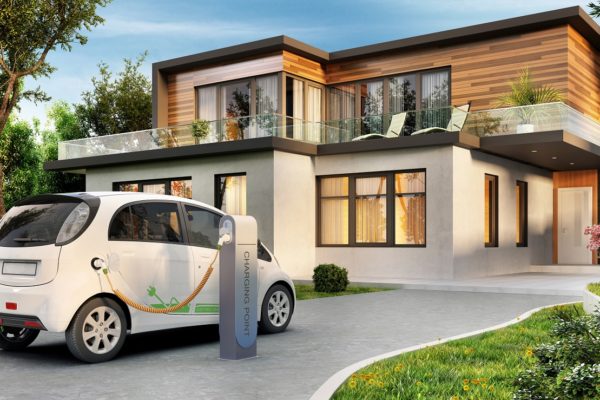 Modern house and electric car